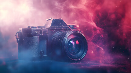 A camera with vivid, bright lighting effects and a blurred background.