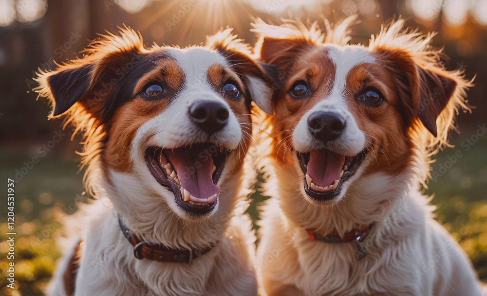 Poster two dogs are smiling and looking at the camera. they are wearing collars and are sitting next to eac