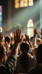 Hands raised in celebration during Easter service in a vibrant church filled with worshippers. Generative AI
