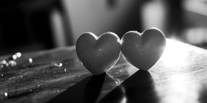A pair of hearts sitting on a wooden table, perfect for romantic or sentimental occasions