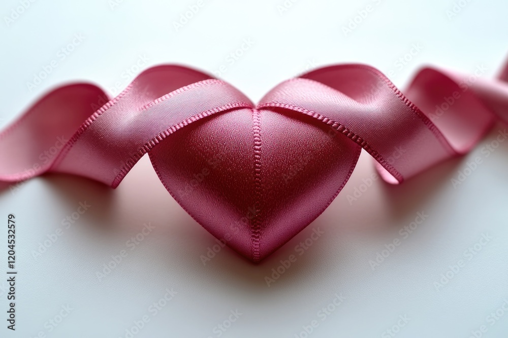 Poster a single pink heart shaped ribbon lying on a white surface, ready for use in various creative projec