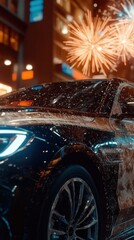 A mesmerizing night scene showcases a sleek, modern car reflecting city lights and fireworks, capturing the vibrancy and excitement of urban life and celebrations.