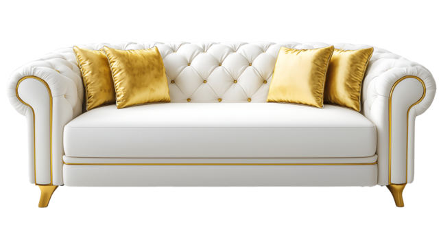Luxury white and golden sofa png isolated on transparent background ,high resolution