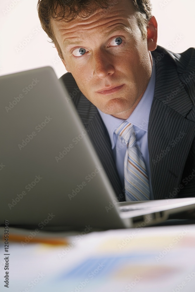 Poster a man sitting in front of a computer, focused on the screen