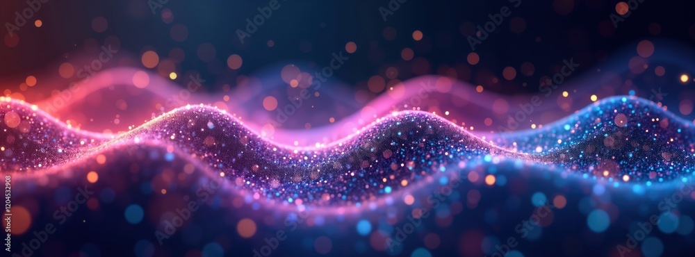 Poster abstract digital wave pattern. colorful particles create wavy motion. glowing effect with bokeh ligh