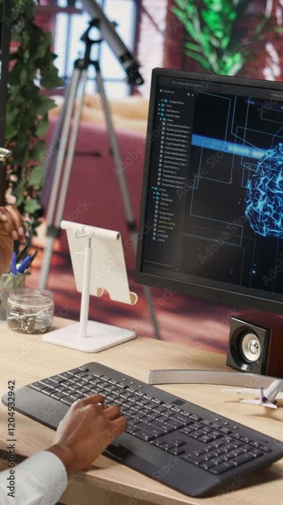 Poster vertical video overjoyed programmer happily clapping hands after finishing maintenance on neural net