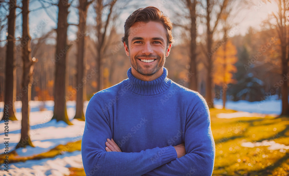 Aufkleber Man in a blue sweater is smiling and posing for a picture. The image has a warm and inviting mood, with the man's smile and the bright blue color of his sweater creating a sense of happiness and