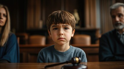 Sad boy sitting at a table in the background of his parents.