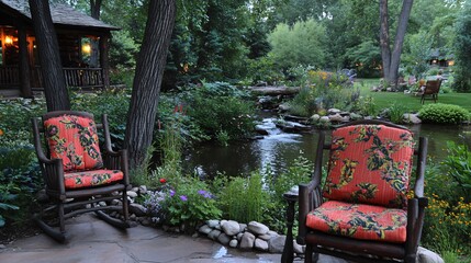 Fototapeta premium Serene Garden Stream with Floral Rocking Chairs