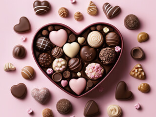 Luxury Heart-Shaped Chocolate Box with Premium Assorted Chocolates in Colors, Flavors, and Designs on an Elegantly Decorated Pink Background, Perfect for Valentine's Day Gifts