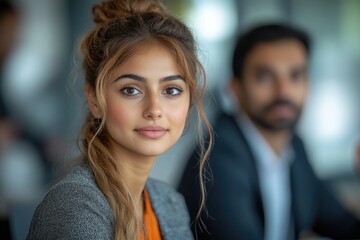 A young woman and man sit side by side, possibly in conversation or sharing a moment