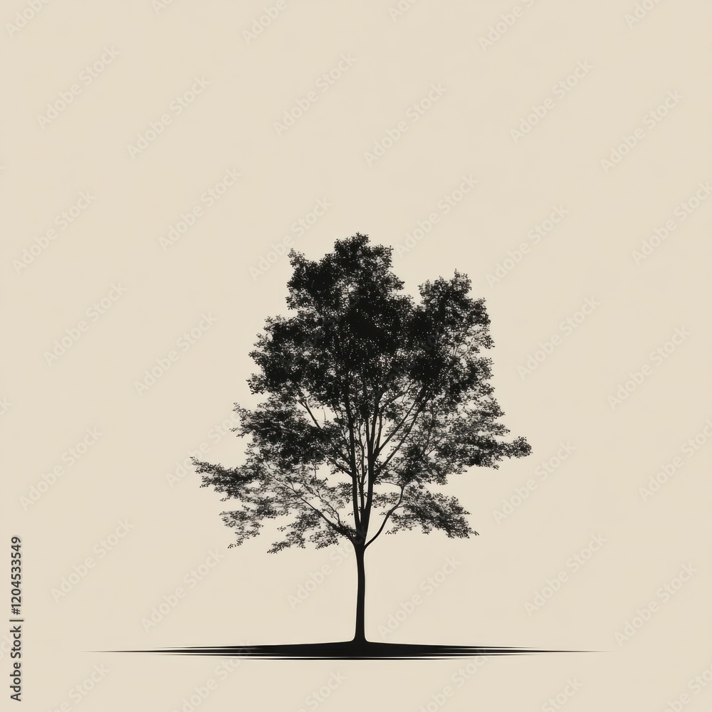 Aufkleber Silhouette of a solitary tree casting a shadow on a neutral background during daylight. Generative AI