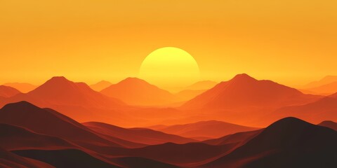 Fiery sunset over a range of mountains.