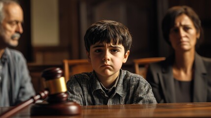 Obraz premium Sad boy sitting at a table in the background of his parents.