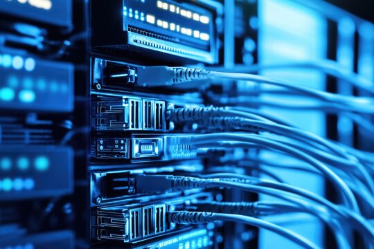 A close-up shot of multiple wires connected to a server