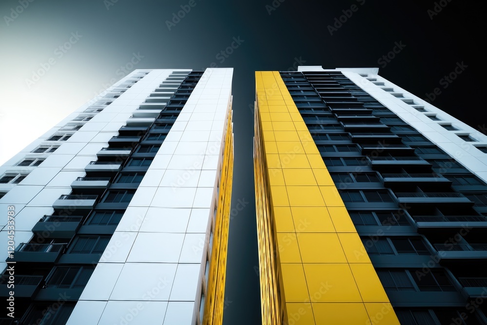 Poster A cityscape image featuring a tall building with a distinctive yellow stripe running along its side