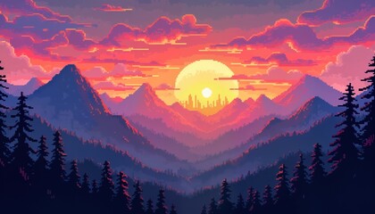 Colorful pixel art sunset over mountains. Vivid colors depict serene landscape. Forests cling to mountain slopes. City nestled in valley below glows warmly in sunset light. Retro game-like art style.