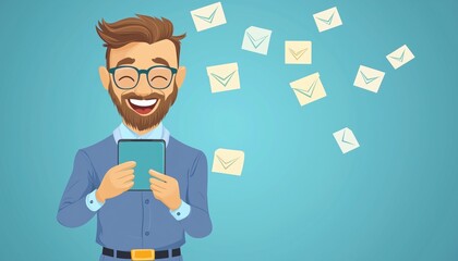 Happy Businessman With Mobile Smartphone Contacting Customer Support Through Various Means - Mail, Phone, Email. Copy Space Available For Information.