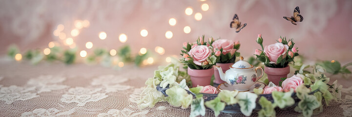 Fototapeta premium Romantic Tea Party Scene Pink Roses Teapot Butterflies