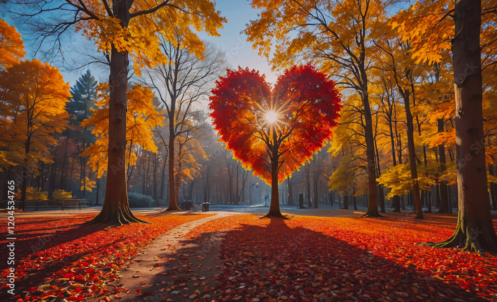 Aufkleber tree with a heart shape in the middle of a forest. the leaves are orange and the sun is shining on t