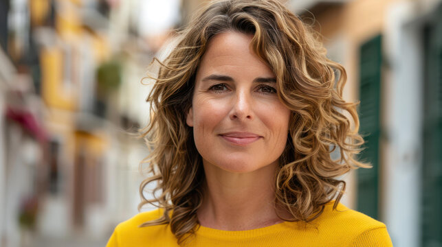 A stunning Spanish woman with curly hair smiles at the camera in a charming old town street during low season travel.