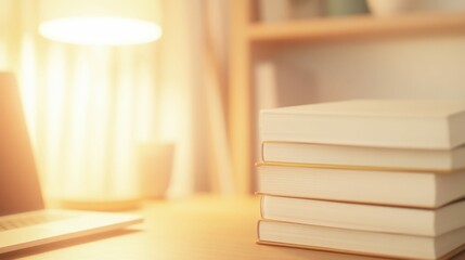 Fototapeta premium A minimalist still life of a stack of textbooks and a laptop on a desk, with blurred soft lighting and a cozy atmosphere