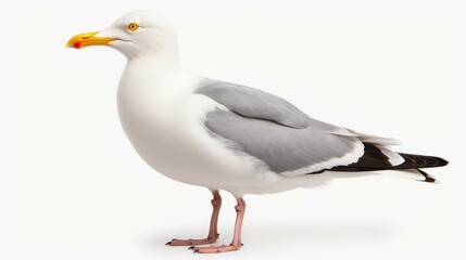 Fototapeta premium A seagull bird stands alone, showcasing its distinct features and elegance against a clean white backdrop.