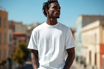 A person standing on a city street wearing a white t-shirt