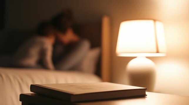 A minimalist arrangement of a storybook and a lamp on a nightstand, with a blurred mother and child comforting each other in the background