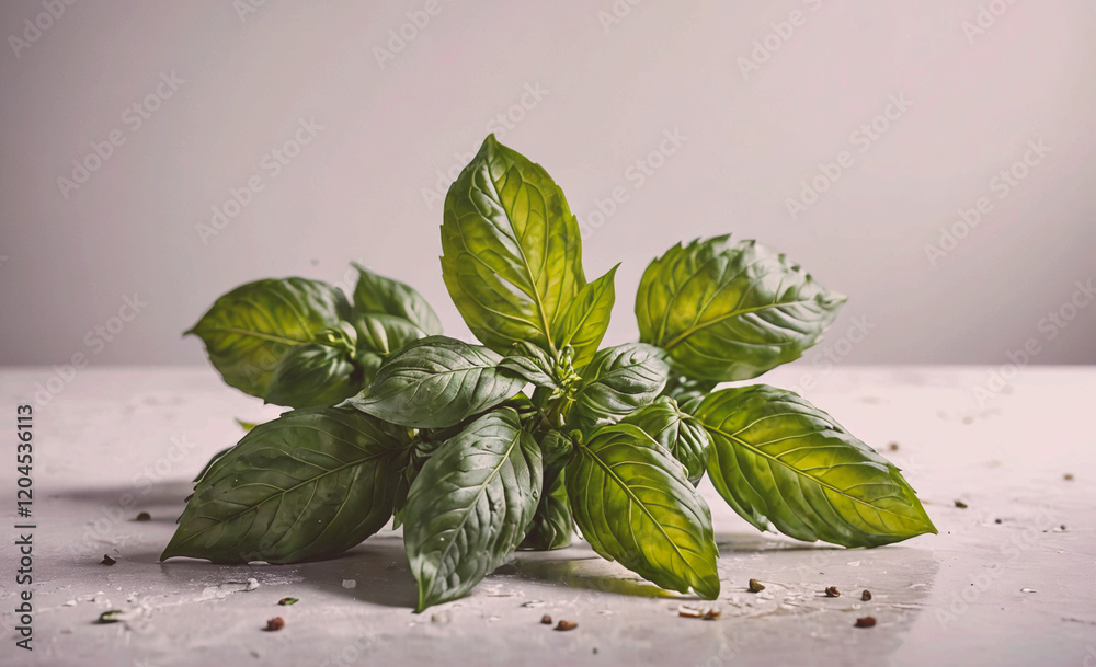 Poster Bunch of green leaves of basil are on a table. The leaves are fresh and vibrant, and they are arranged in a way that makes them look like they are ready to be used in a recipe