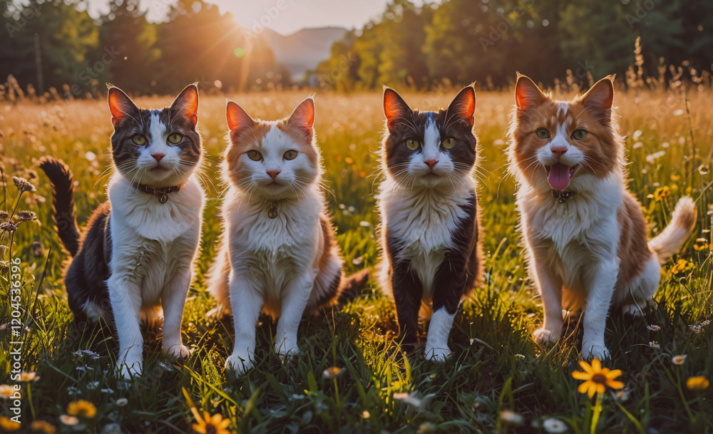 Poster four cats are sitting in a field of flowers. the cats are all different colors and sizes. they are a
