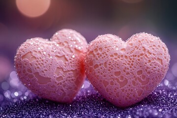 Fototapeta premium Water-covered pink hearts on a purple background