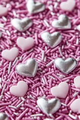 Obraz premium Colorful confectionery decorations featuring pink sprinkles with silver hearts