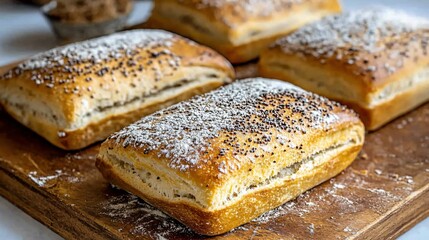 Naklejka premium Delicious Poppy Seed Bread Rolls on Wooden Board
