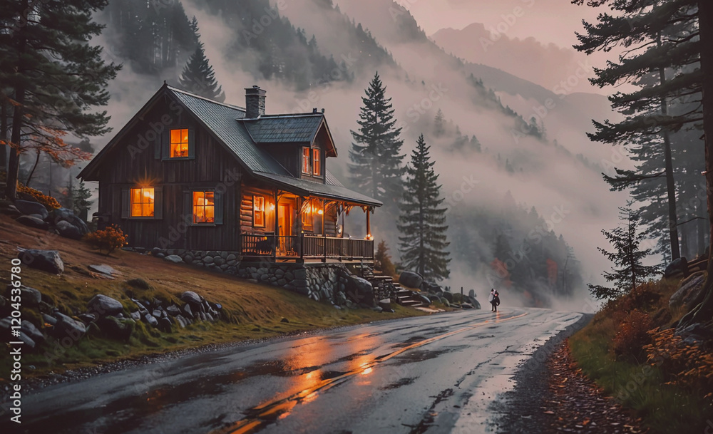 Poster House with a porch and a road in front of it. The road is wet and the trees are covered in mist