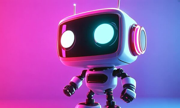 Cute robot character with neon lights in a colorful background