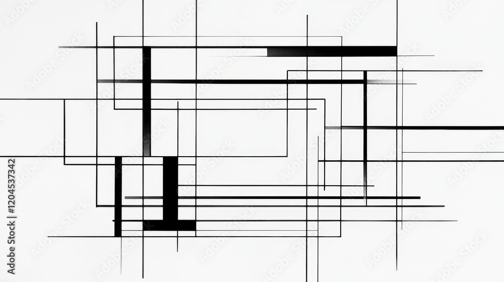 Poster Abstract composition featuring black and gray lines intersecting on a white background showcasing modern design principles. Generative AI