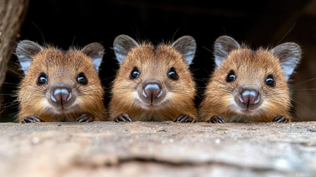 Three cute rat-kangaroos peeking from burrow, wildlife sanctuary, adorable animals