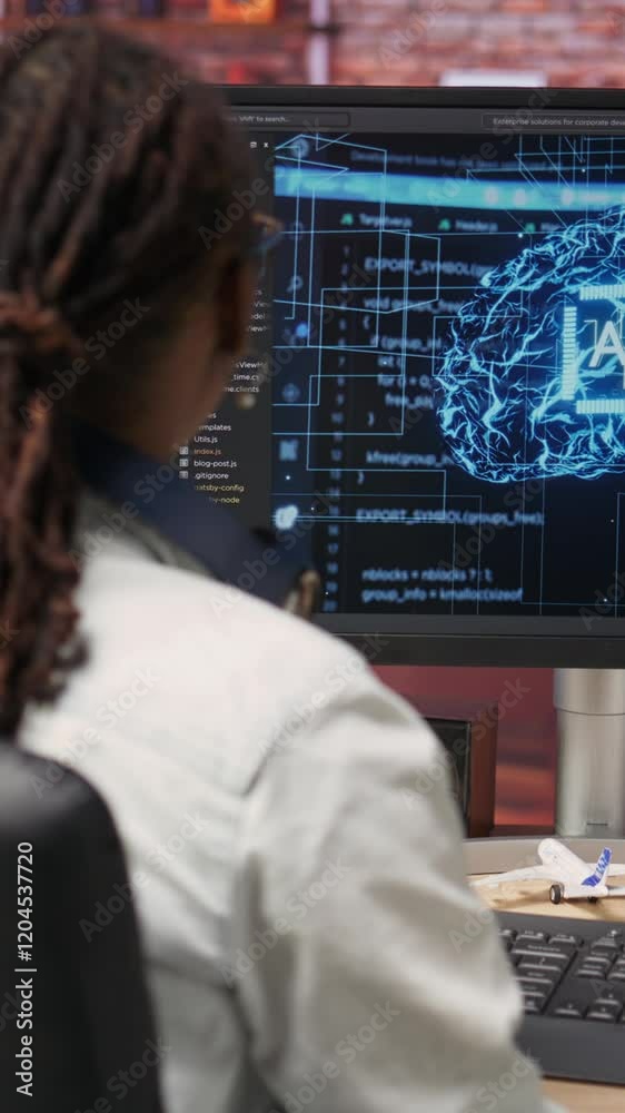 Poster vertical video happy programmer celebrating after successfully implementing code using artificial in
