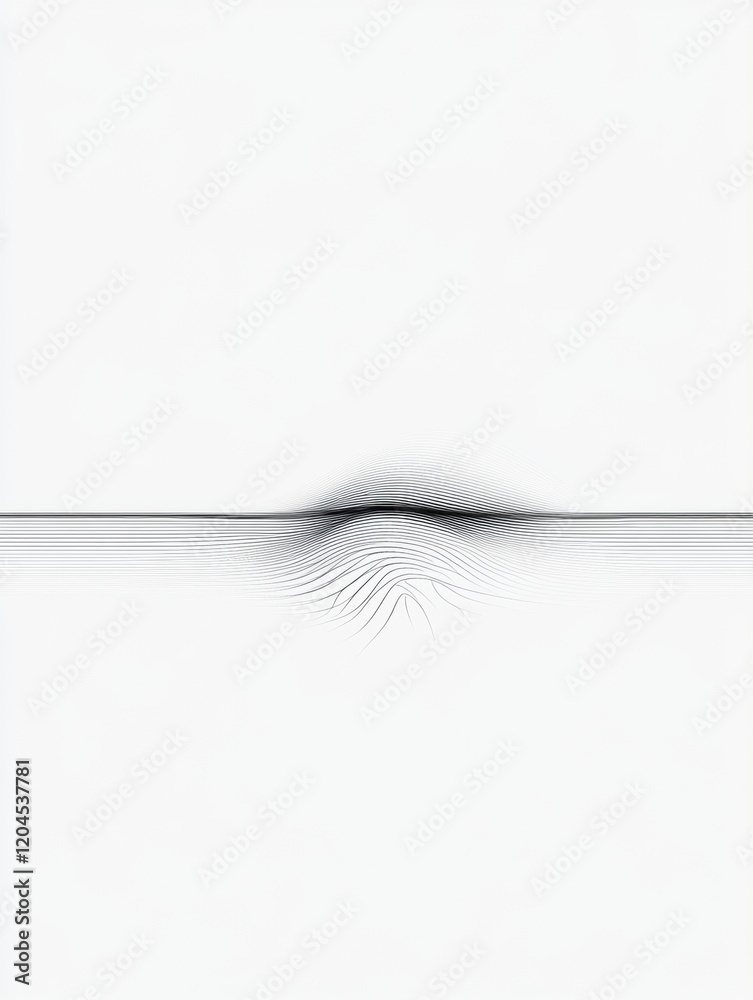 Poster abstract design depicting simple lines flowing into a wave pattern against a white background in a m