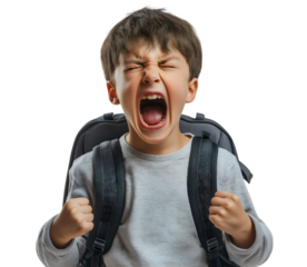 Isolated Angry Schoolboy with Backpack Expressing Frustration and Emotion