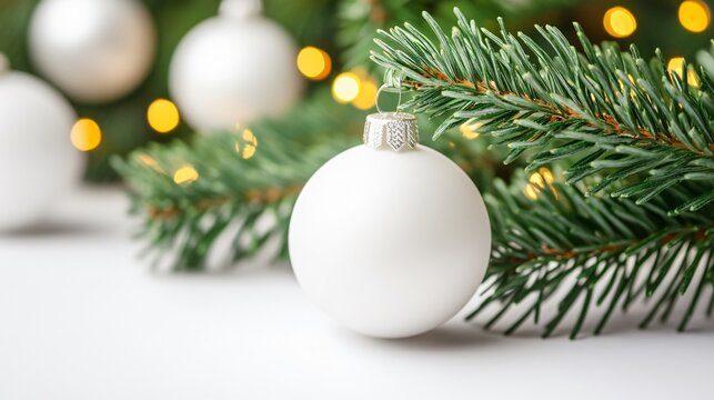 Elegant White Christmas Ornament on Pine Branch with Lights