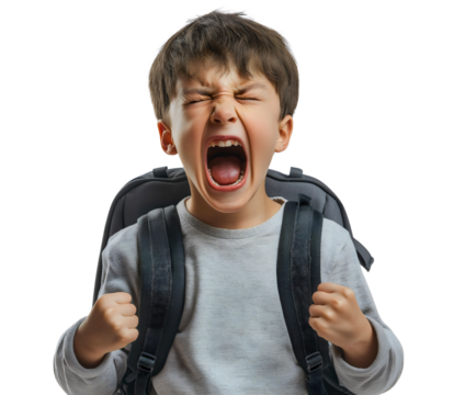Isolated Angry Schoolboy with Backpack Expressing Frustration and Emotion