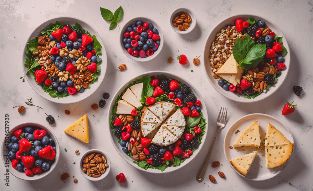 Poster table with a variety of fruits and vegetables, including blueberries, strawberries, and nuts. the ta