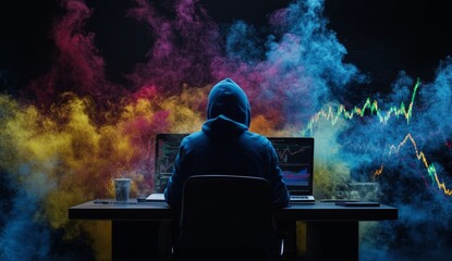 Hooded figure at desk facing monitors displaying stock market charts, colorful smoke background.
