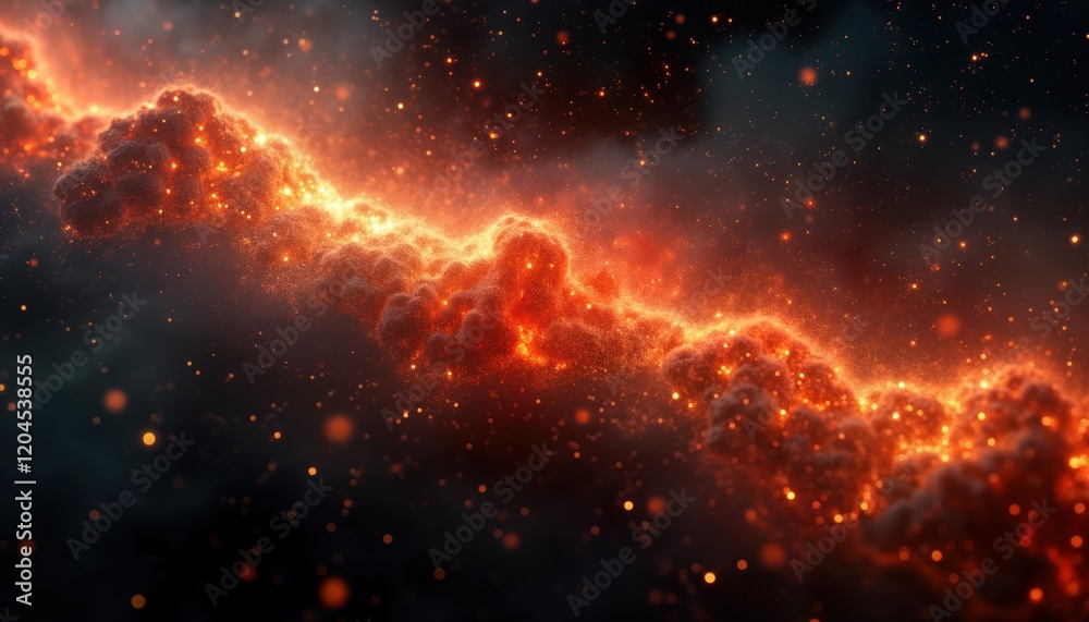 Poster Abstract fiery space nebula glows with particles, light. Deep space fractal texture of fire, light forms clouds. Vibrant orange, dark colors create spectacular cosmic scene. Fiery clouds in space.