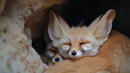 Obraz premium Fennec foxes sleeping in desert burrow