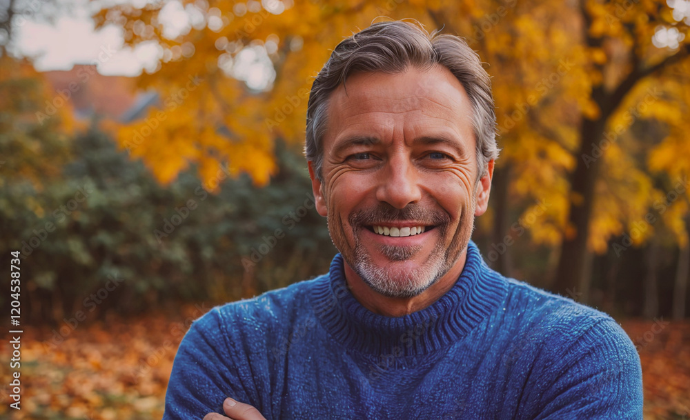 Poster man with a blue sweater and a smile on his face. he is standing in a park with trees and leaves