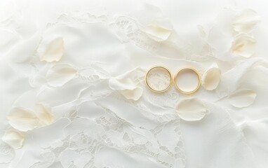 A romantic minimalist composition with two intertwined gold rings, soft petals, and delicate lace fabric on a clean white background