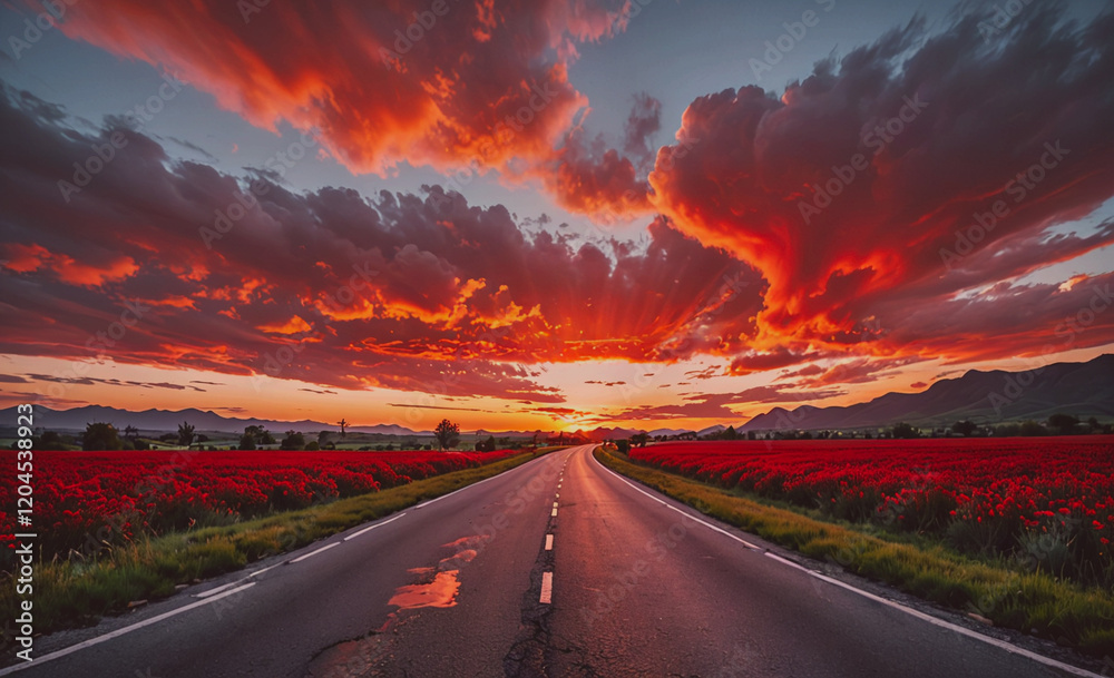 Aufkleber road with a sunset in the background. the sky is orange and the sun is setting. the road is empty an